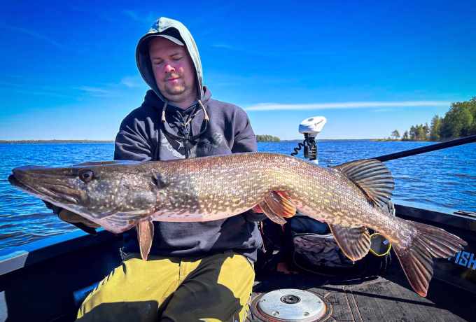 a man in a boat holding a large fish